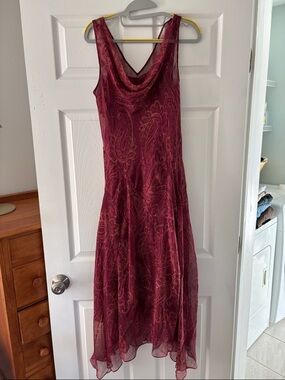 Elegant Burgundy Paisley Cowl Neck Women's Dress